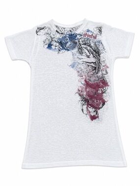SINFUL ANGEL GRAPHIC BURNOUT TSHIRT WOMENS LARGE WHITE Y2K ED HARDY FAIRY